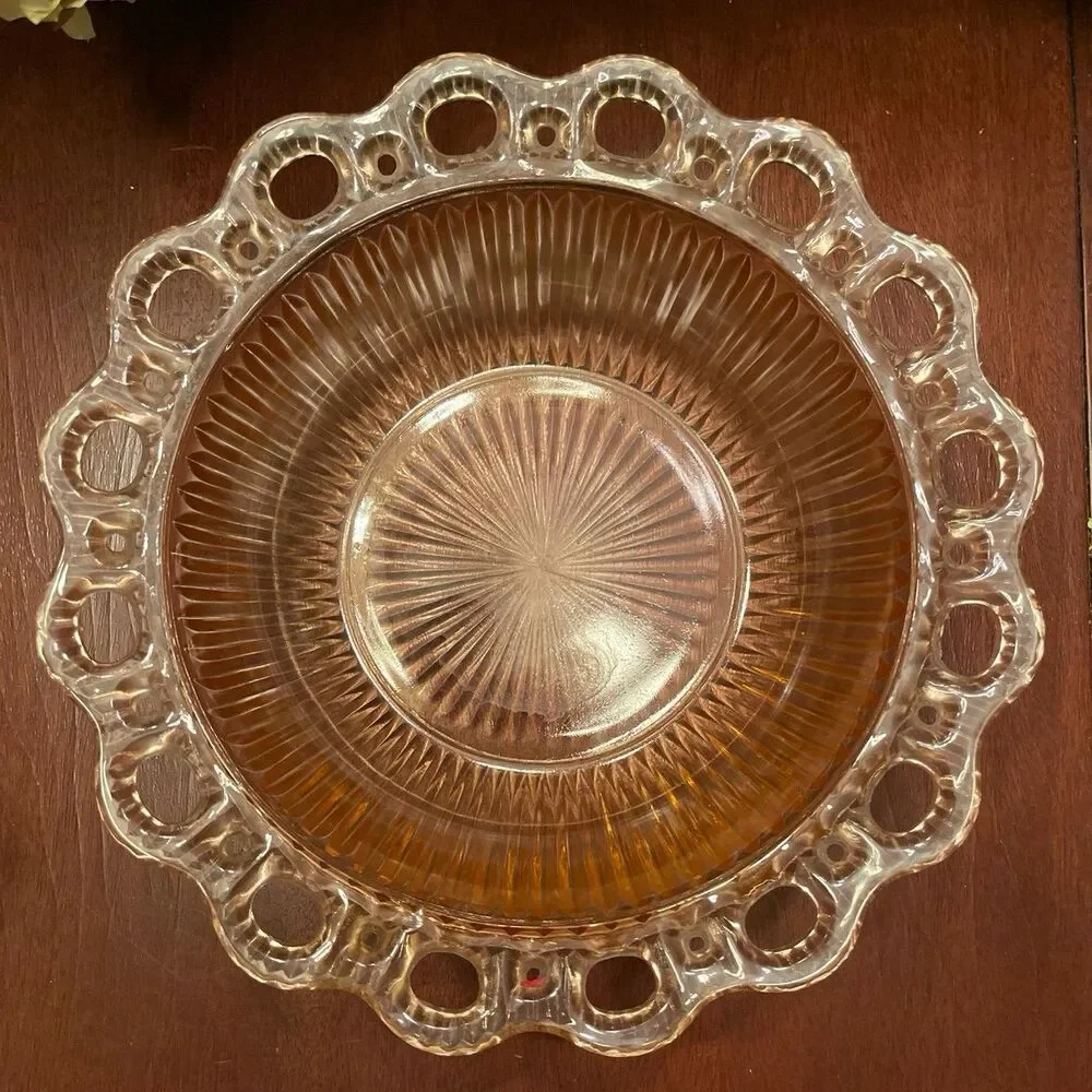 vintage cranberry (pink depression) glass reticulated edge serving bowl